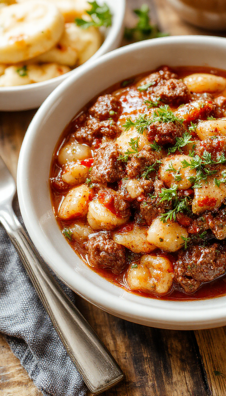 A steaming bowl of Hearty Ground Beef & Orzo topped with fresh herbs, showcasing tender ground beef and al dente orzo pasta in a comforting setting.