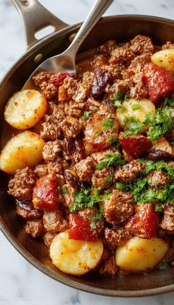A colorful skillet dish featuring golden-brown ground turkey mixed with tender diced potatoes, garnished with fresh herbs, presented on a rustic wooden table with a fork. The food looks crispy on the edges and moist inside, showcasing a warm and inviting meal.