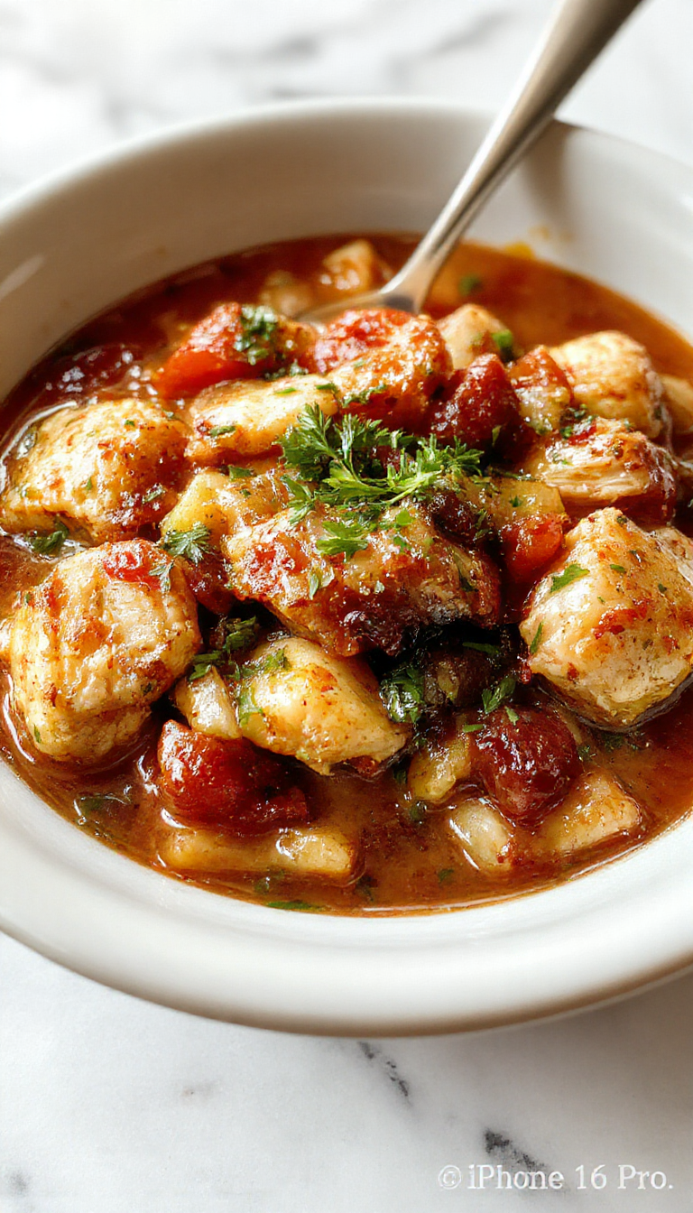 A steaming bowl of slow cooker chicken stew with tender chicken pieces, colorful vegetables like carrots and potatoes, garnished with fresh herbs, served on a rustic wooden table with a spoon revealing its thick, savory broth