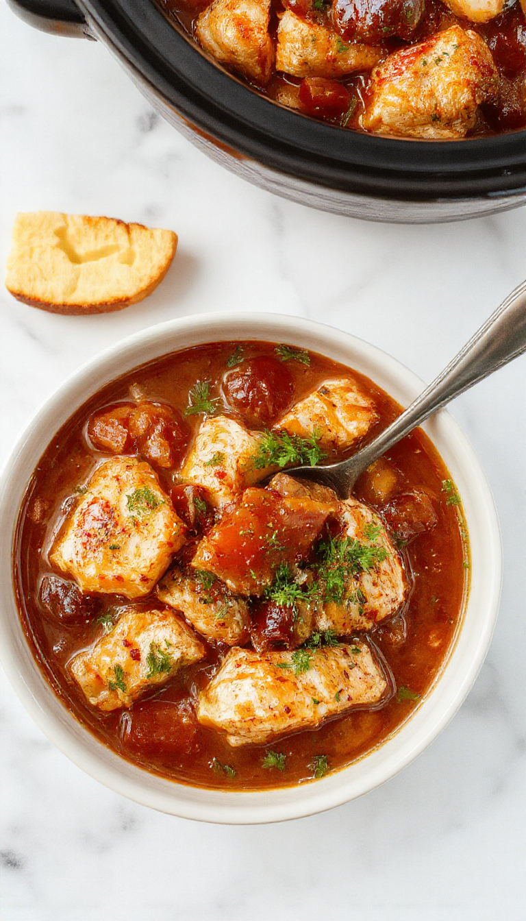 A steaming bowl of golden-brown chicken stew with tender chunks of chicken, colorful carrots, potatoes, and celery garnished with fresh herbs, served in a rustic white bowl on a wooden table with a cozy kitchen background.