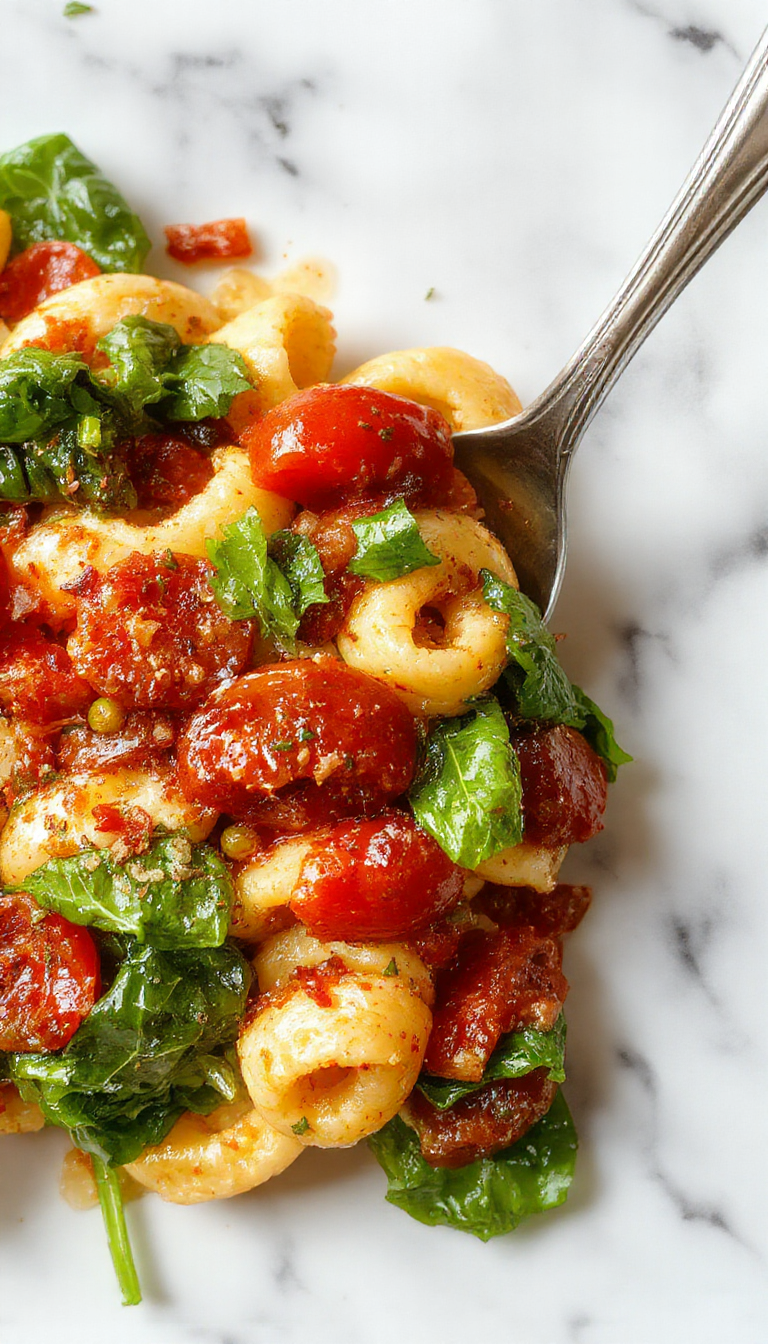 A vibrant plate of spinach and tomato pasta featuring spiral noodles coated in a fresh green spinach sauce, topped with cherry tomatoes and grated Parmesan, arranged elegantly on a white ceramic plate with a sprig of basil on the side, set against a rustic wooden table background.