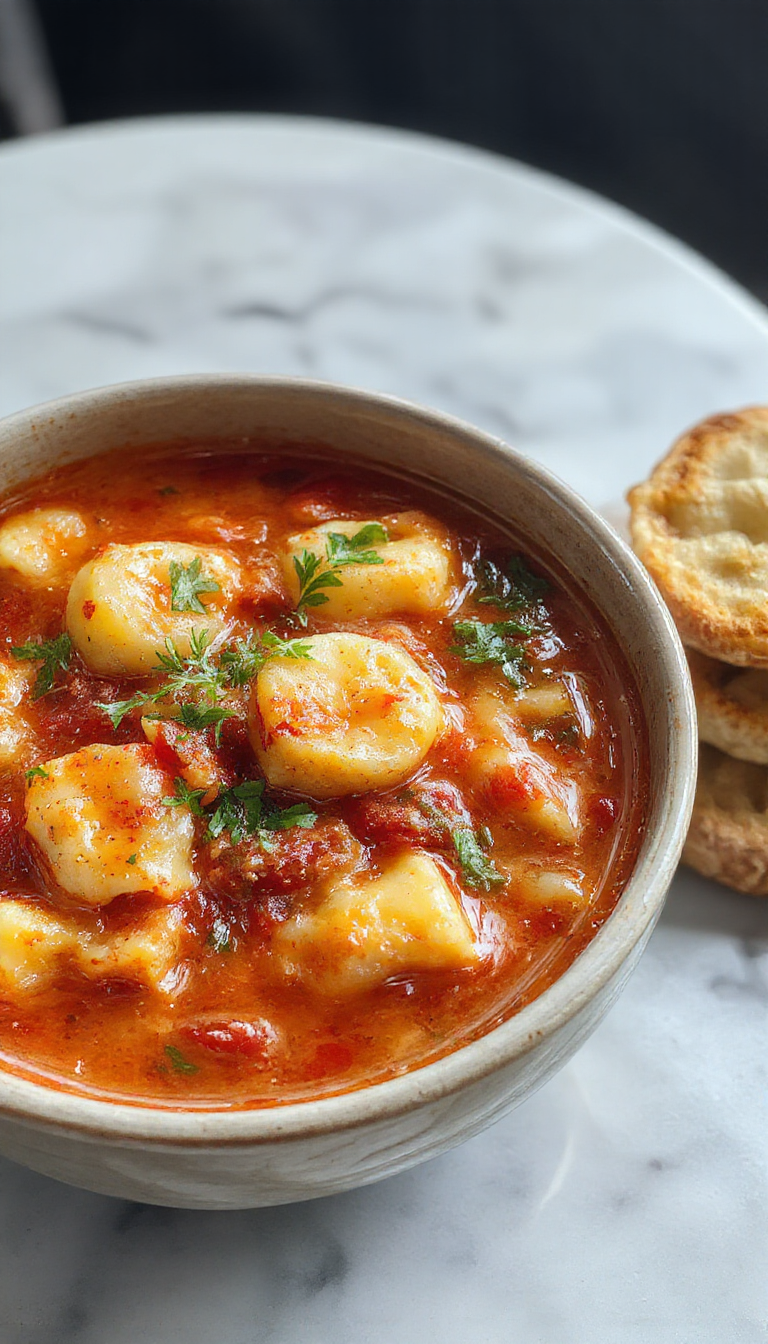 A vibrant bowl of Tomato Tortellini Soup featuring plump tortellini submerged in a rich, red tomato broth garnished with fresh basil and grated cheese, plated on a rustic wooden table with a spoon beside it.
