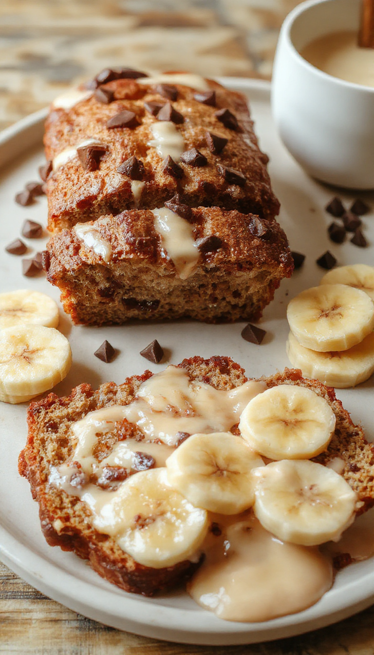 A sliced homemade cafe-style banana bread on a rustic wooden table, with a golden crust and moist, banana-filled interior.