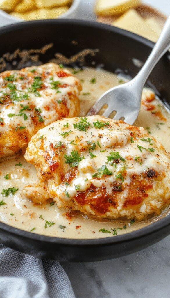 A sizzling skillet of creamy, buttery chicken garnished with fresh herbs, served with mashed potatoes and steamed vegetables on the side.