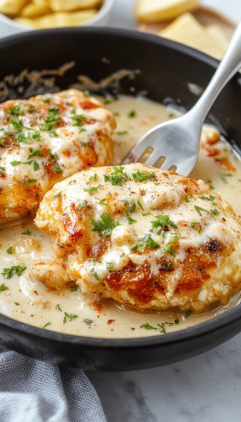 A sizzling skillet of creamy, buttery chicken garnished with fresh herbs, served with mashed potatoes and steamed vegetables on the side.