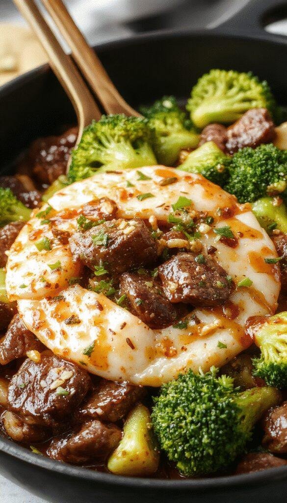 A steaming skillet of Honey Garlic Beef and Broccoli with glazed beef slices and vibrant green broccoli florets garnished with sesame seeds.