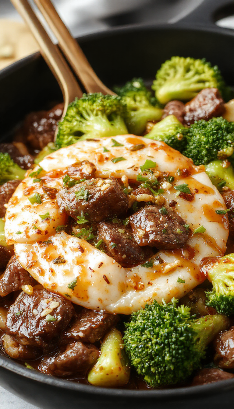 A steaming skillet of Honey Garlic Beef and Broccoli with glazed beef slices and vibrant green broccoli florets garnished with sesame seeds.