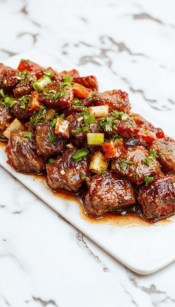 A sizzling black skillet filled with tender beef strips coated in dark glossy sauce, topped with sliced onions and green peppers, garnished with sesame seeds, steam rising and a vibrant backdrop highlighting the savory dish.