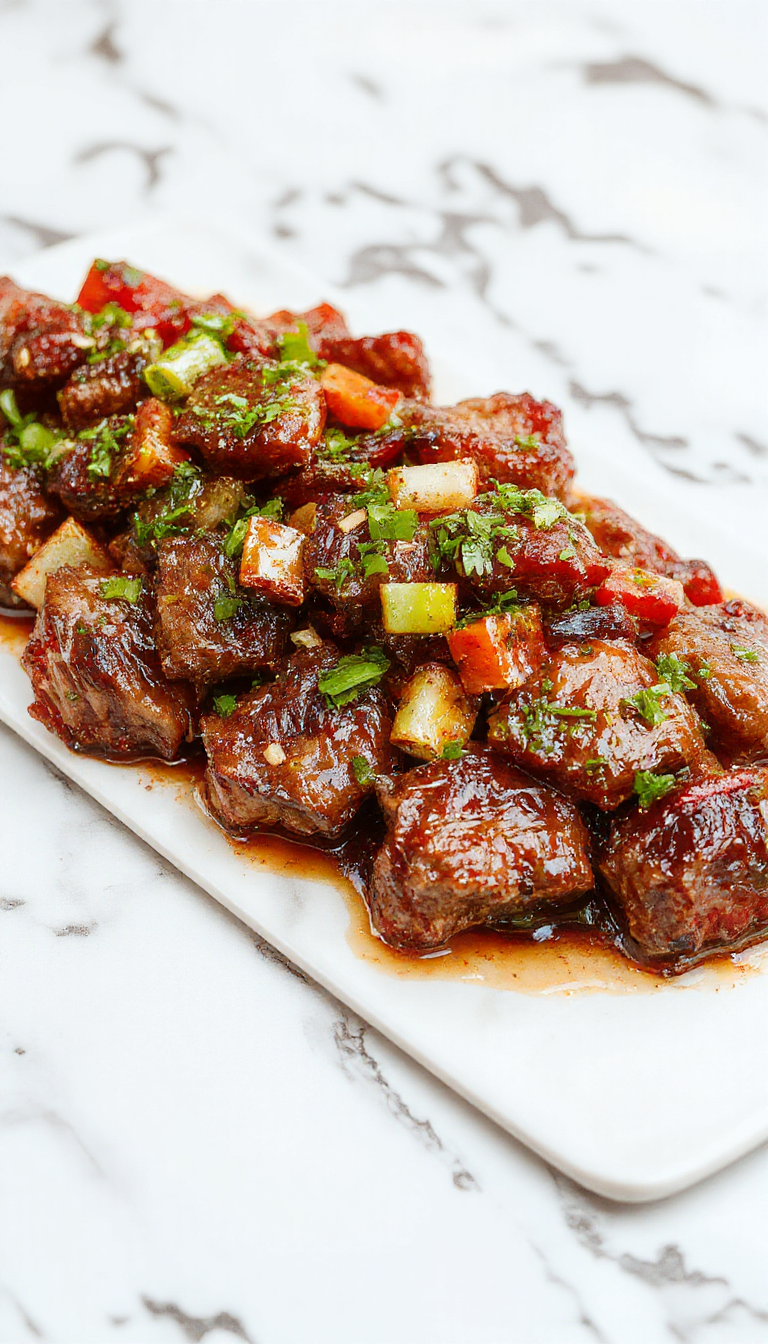 A sizzling black skillet filled with tender beef strips coated in dark glossy sauce, topped with sliced onions and green peppers, garnished with sesame seeds, steam rising and a vibrant backdrop highlighting the savory dish.