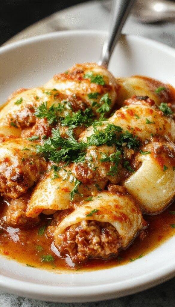 A plate of large pasta shells filled with creamy beef and ricotta cheese, topped with melted cheese and herbs.
