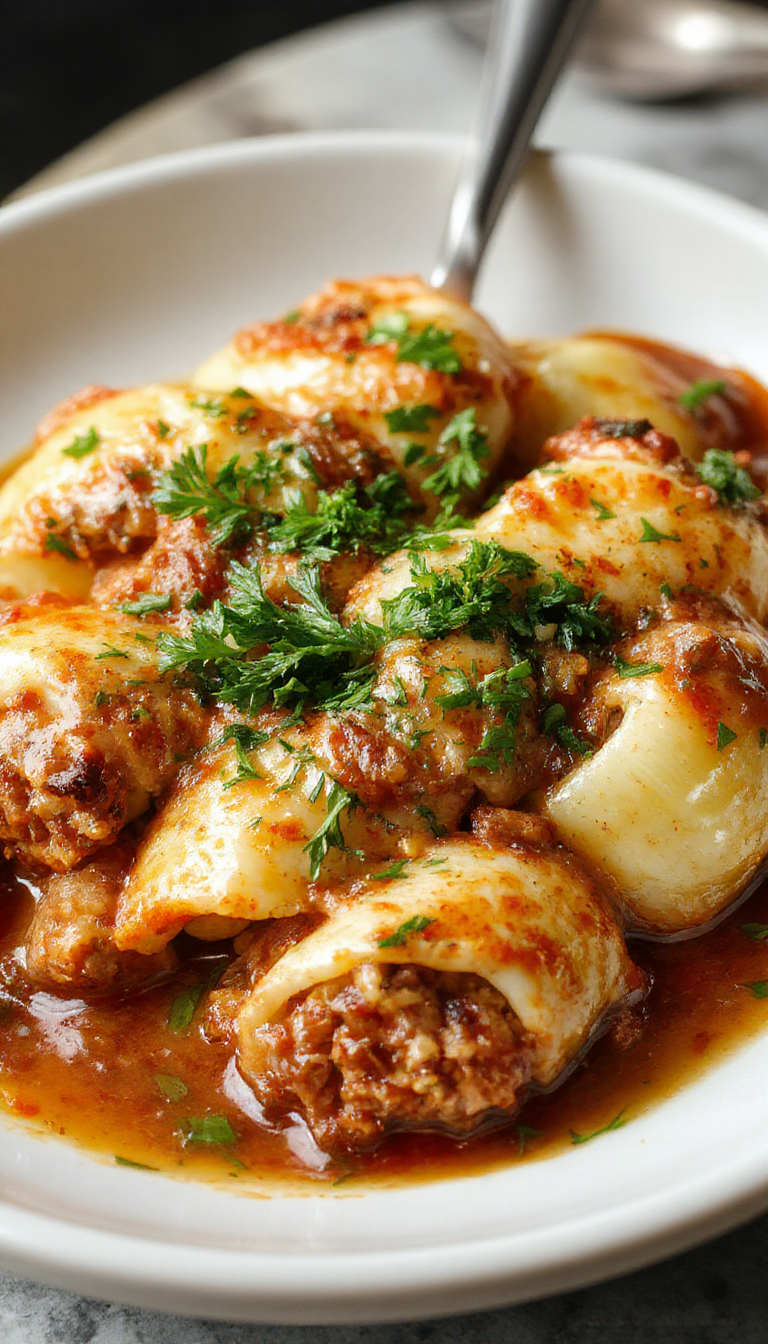 A plate of large pasta shells filled with creamy beef and ricotta cheese, topped with melted cheese and herbs.