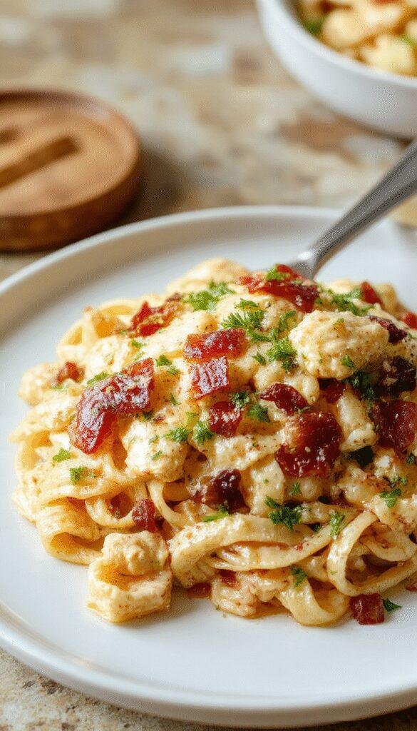 A bowl of creamy chicken bacon ranch pasta topped with crispy bacon bits and fresh herbs, served on a rustic wooden table.