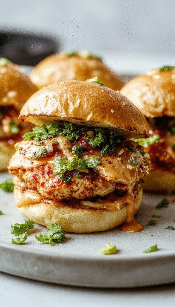 A plate of Bang Bang Chicken Sliders topped with spicy mayo and fresh lettuce, arranged on a rustic wooden table.