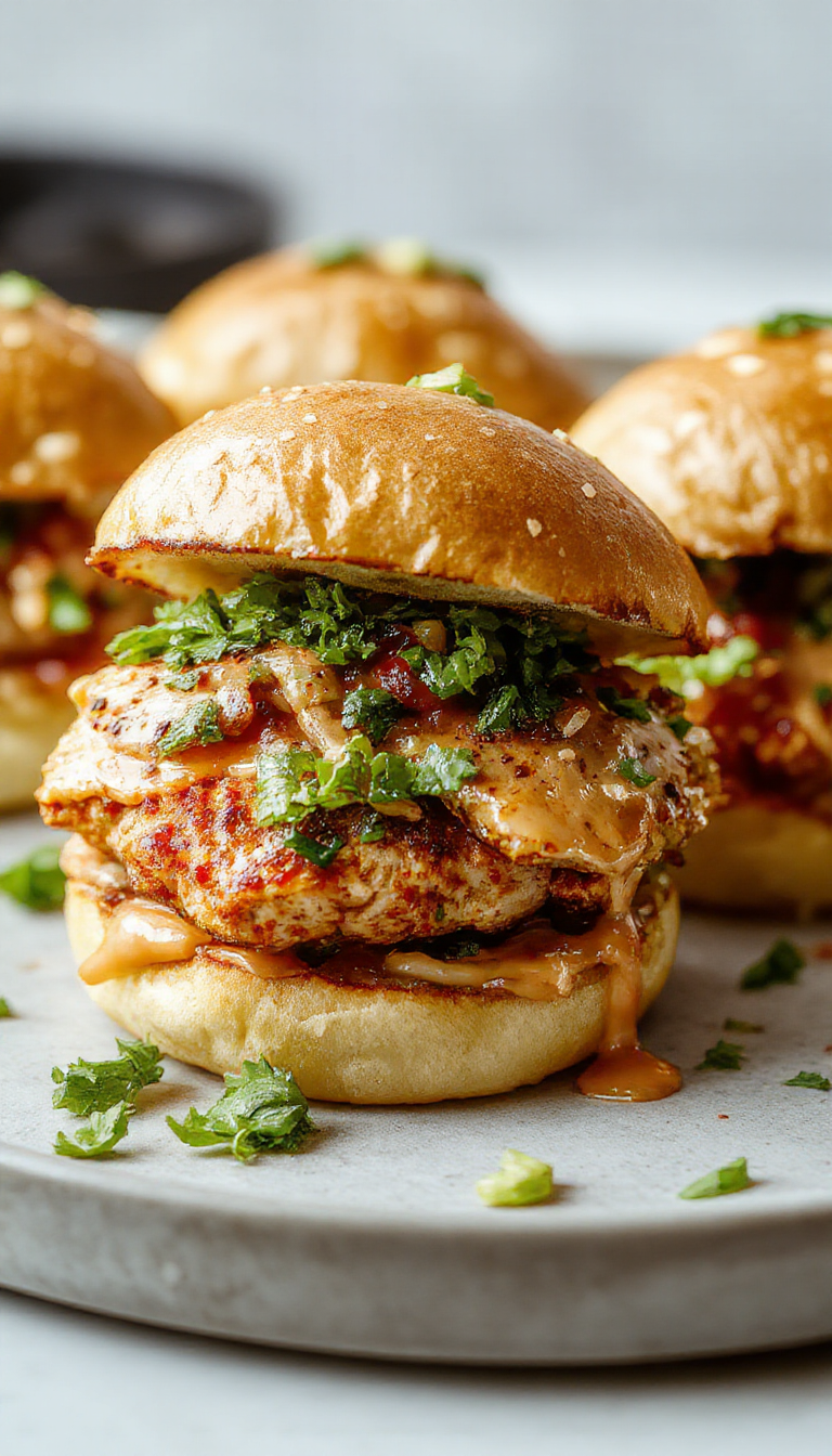 A plate of Bang Bang Chicken Sliders topped with spicy mayo and fresh lettuce, arranged on a rustic wooden table.