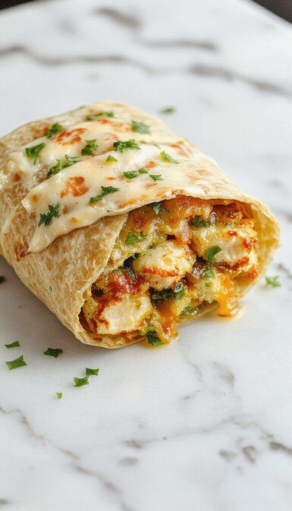Colorful close-up of cheesy garlic chicken wraps on a white plate, golden-brown tortillas filled with melted cheese, crispy chicken pieces, and fresh herbs, garnished with chopped parsley, styled with rustic wooden utensils and vibrant vegetables in the background