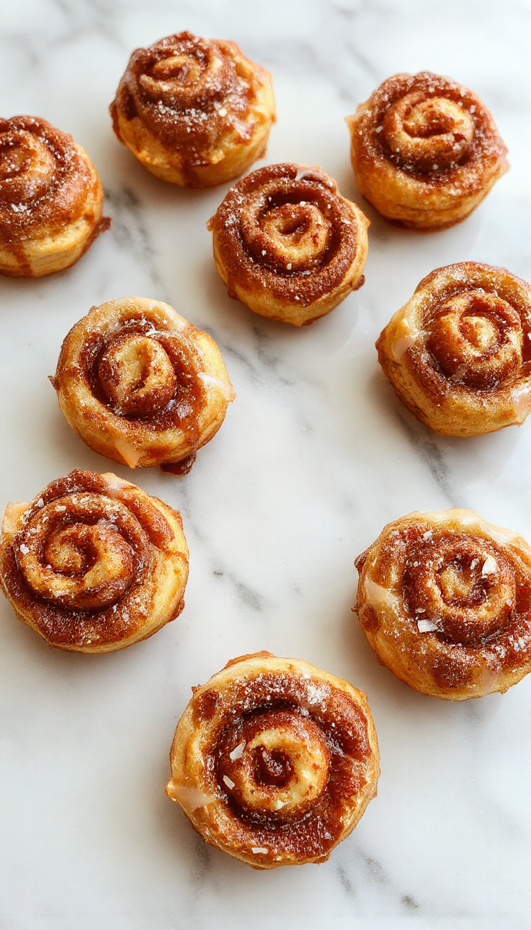 A close-up of golden-brown French toast bites coated with cinnamon sugar, served on a white plate with a drizzle of glaze and fresh berries in the background, styled on a rustic wooden table with a fork nearby.