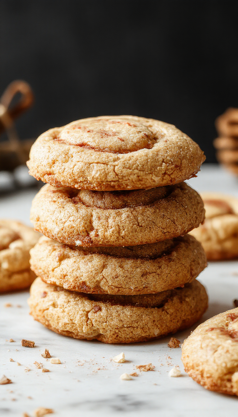 Close-up of golden cinnamon swirl cookies arranged on a rustic plate, showcasing their soft texture and swirling cinnamon filling.