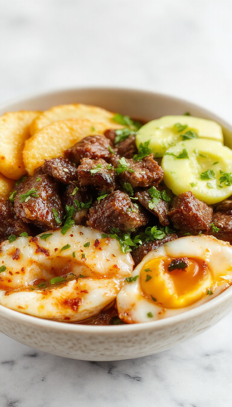 A vibrant bowl of Korean beef with rice, topped with sliced green onions, sesame seeds, and colorful vegetables, served on a dark wooden table.