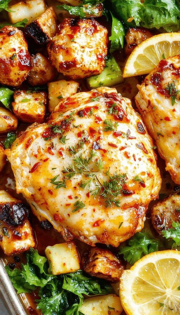 Colorful presentation of Island Breeze Sheet Pan Chicken with tropical fruits, herbs, and crispy chicken pieces on a baking sheet.