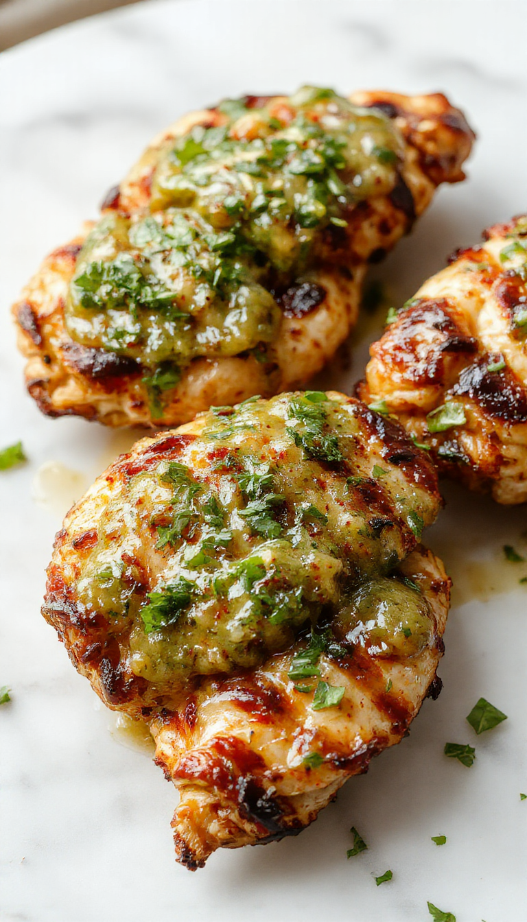 Colorful grilled chicken breasts topped with vibrant green salsa verde and melted pepper jack cheese, arranged on a rustic wooden platter with fresh herbs and lime wedges, showcasing a smoky, juicy texture and appetizing presentation.