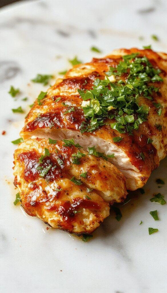 A beautifully plated chicken breast dish featuring golden-brown, juicy chicken slices garnished with fresh herbs on a rustic wooden plate, with a side of colorful vegetables and a drizzle of sauce, styled with vibrant natural lighting highlighting the crispy texture and appetizing appearance.