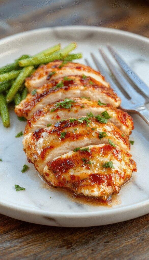 A perfectly cooked chicken breast with a golden-brown crust and juicy interior, sliced to reveal tender meat, plated elegantly on a white dish with fresh herbs on top, surrounded by vibrant vegetables and a drizzle of sauce, styled for a high-quality food photography shot.