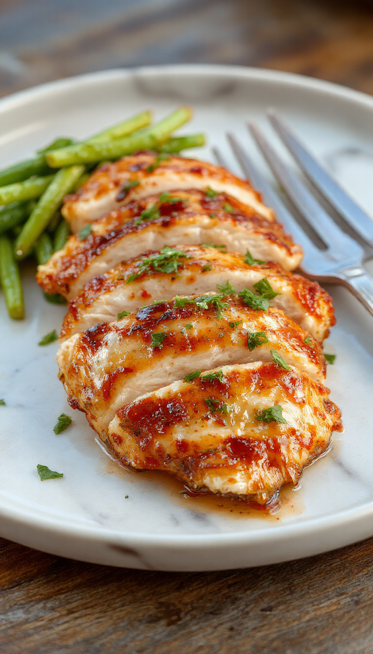 A perfectly cooked chicken breast with a golden-brown crust and juicy interior, sliced to reveal tender meat, plated elegantly on a white dish with fresh herbs on top, surrounded by vibrant vegetables and a drizzle of sauce, styled for a high-quality food photography shot.