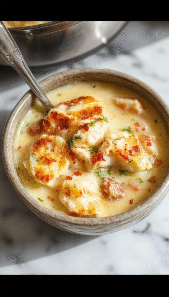 A vibrant bowl of keto chicken pot pie soup with chunks of tender chicken, diced vegetables, and savory broth topped with a sprinkle of herbs, served on a rustic wooden table with fresh herbs as garnish