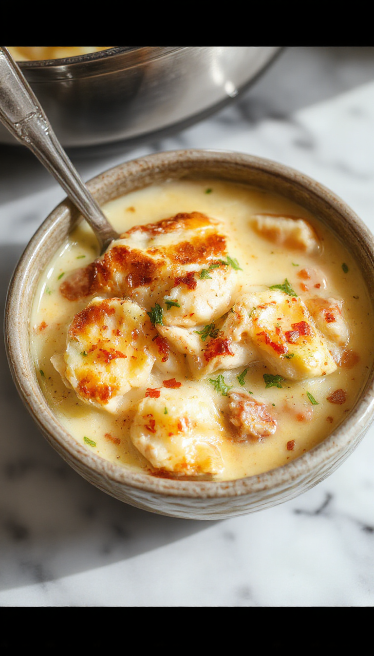 A vibrant bowl of keto chicken pot pie soup with chunks of tender chicken, diced vegetables, and savory broth topped with a sprinkle of herbs, served on a rustic wooden table with fresh herbs as garnish