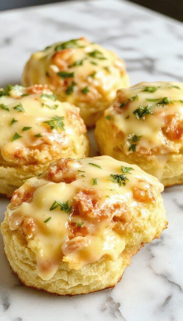 A close-up of golden, flaky cheddar bay biscuits generously stuffed with tender crab meat, topped with a drizzle of glossy lemon butter sauce, garnished with fresh lemon wedges and chopped parsley on a rustic white plate.