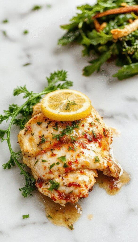 A plated serving of golden-brown lemon chicken topped with fresh lemon slices and chopped herbs, drizzled with a light sauce, garnished with parsley, presented on a white plate against a rustic wooden background. The dish looks juicy and crispy with a vibrant citrus touch.