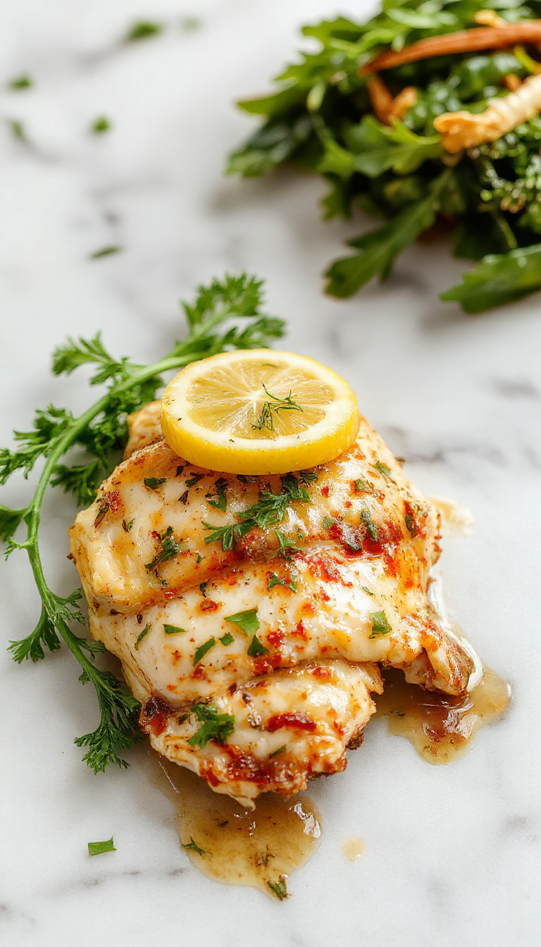 A plated serving of golden-brown lemon chicken topped with fresh lemon slices and chopped herbs, drizzled with a light sauce, garnished with parsley, presented on a white plate against a rustic wooden background. The dish looks juicy and crispy with a vibrant citrus touch.
