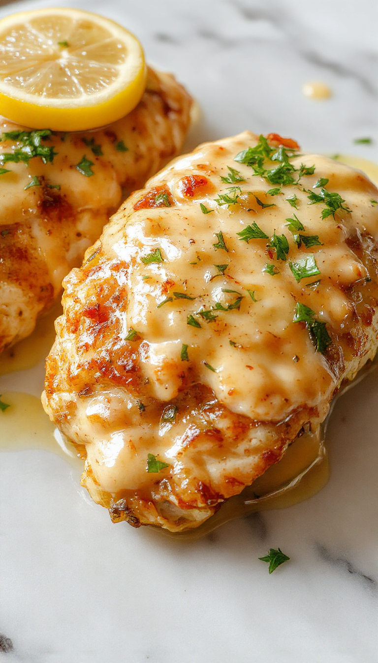 A whole cooked lemon chicken breast topped with a vibrant yellow lemon butter sauce, garnished with fresh parsley, served on a white plate with lemon slices and herbs, accompanied by a sprig of thyme. The dish gleams with a glossy sauce, highlighting its juicy, tender chicken and bright citrus accents.