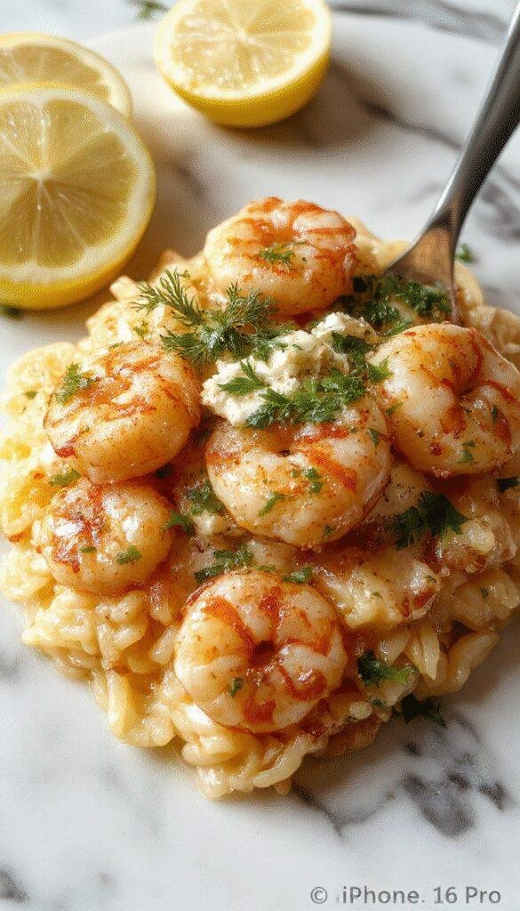 A vibrant plate of lemon feta shrimp orzo garnished with fresh herbs, featuring plump pink shrimp atop creamy yellow orzo, with crumbled feta and lemon slices on a white ceramic dish, styled with a sprig of parsley on a rustic wooden table.