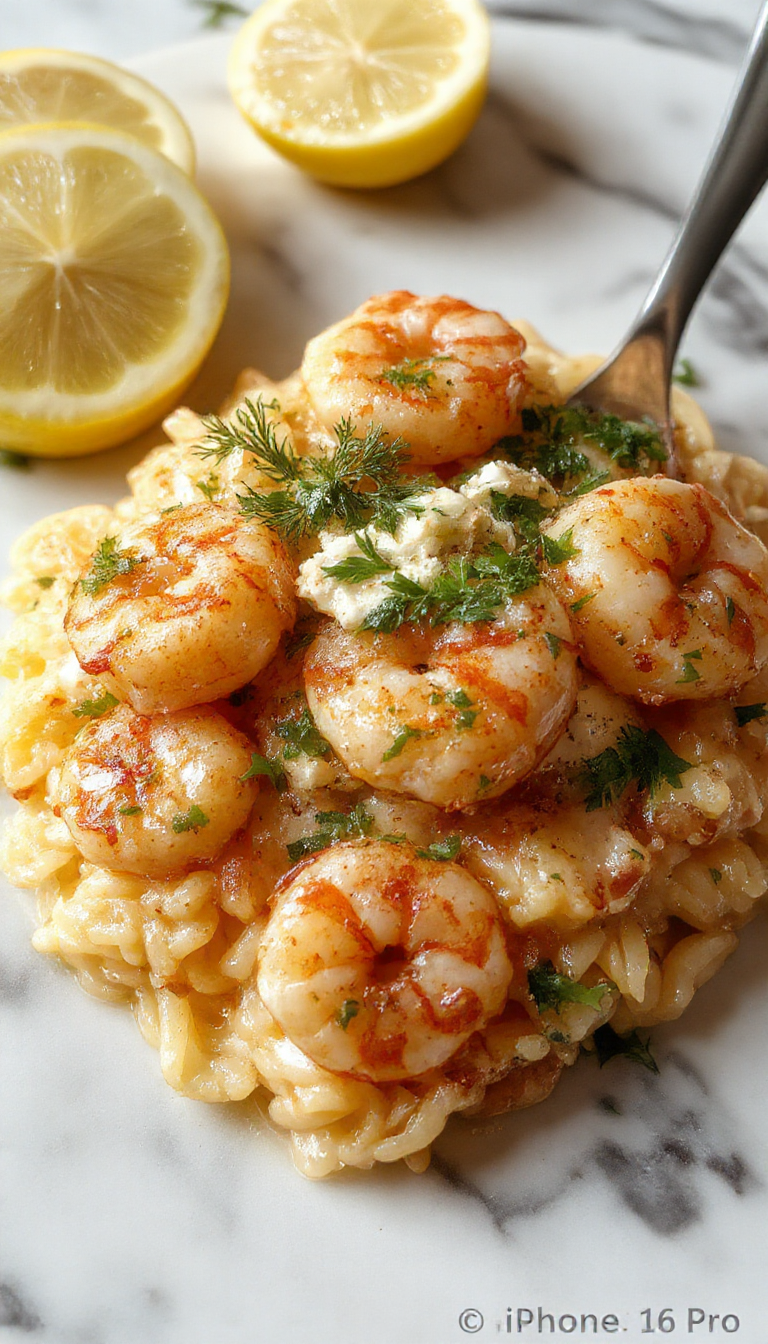 A vibrant plate of lemon feta shrimp orzo garnished with fresh herbs, featuring plump pink shrimp atop creamy yellow orzo, with crumbled feta and lemon slices on a white ceramic dish, styled with a sprig of parsley on a rustic wooden table.