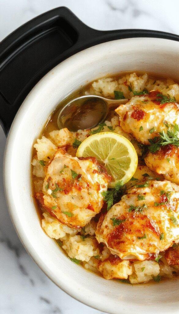 A plate of golden-brown shredded chicken with vibrant lemon slices and fresh green herbs served over fluffy white rice in a rustic bowl, garnished with lemon zest and herbs, with a sprig of rosemary on the side, styled for a warm, inviting setting