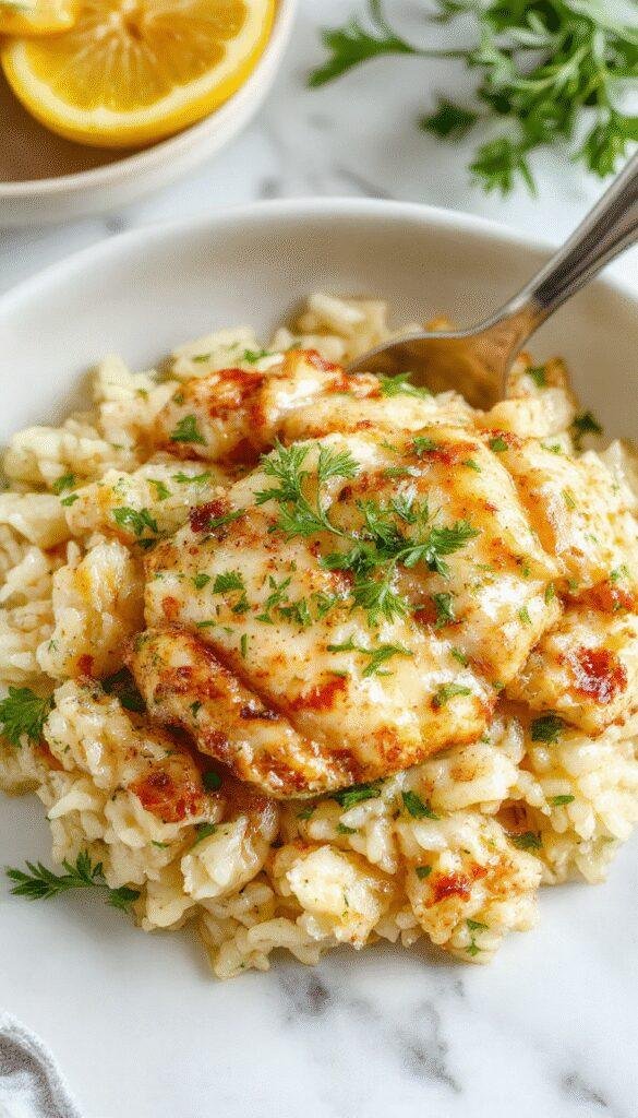 Plated Lemon Herb Chicken and Rice featuring tender chicken breasts coated with herbs and lemon slices, served over fluffy rice with green herbs garnishing the dish, presented on a stylish white plate with fresh lemon wedges in the background.