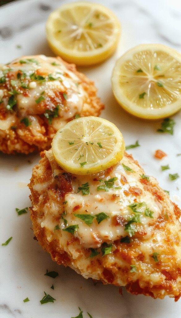 Golden-brown crispy chicken thighs topped with zesty lemon slices and sprinkled with finely grated Pecorino cheese on a elegant white plate, garnished with fresh herbs, vibrant yellow lemon wedges, and a drizzle of creamy sauce, with a clean, bright background