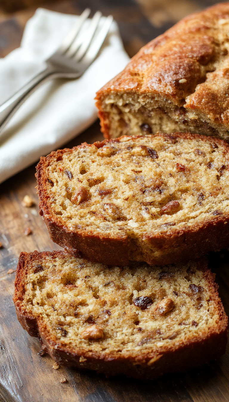 A slice of moist banana bread topped with walnuts and butter on a rustic wooden plate.