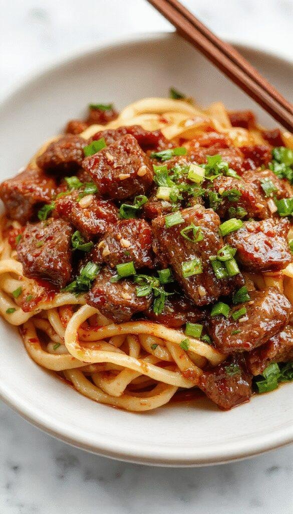 A close-up of savory glazed beef slices resting atop steaming bowl of noodles garnished with chopped green onions and sesame seeds.