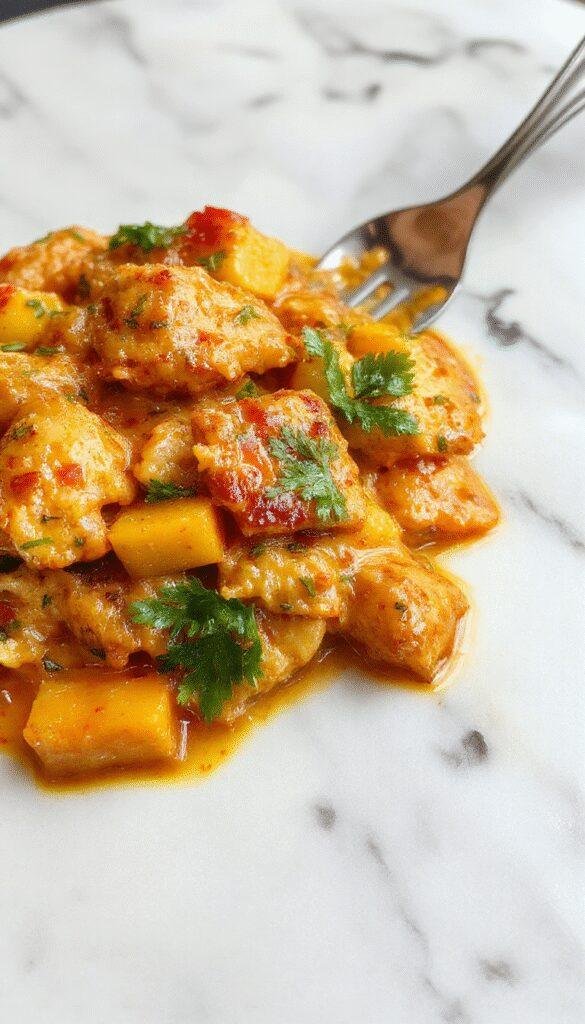 A vibrant bowl of mango chicken curry showcasing golden chicken pieces immersed in a thick, bright orange curry sauce with chunks of ripe mango, garnished with fresh cilantro and served with steamed rice on a rustic wooden table