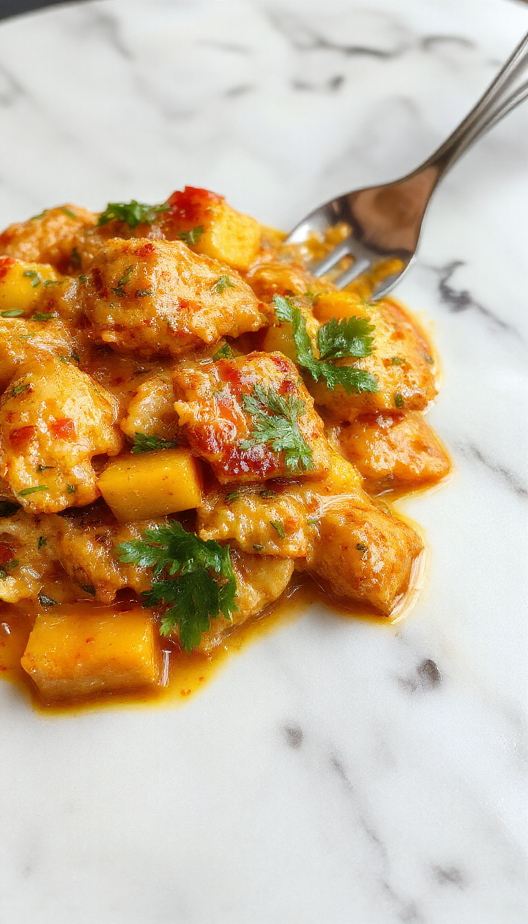 A vibrant bowl of mango chicken curry showcasing golden chicken pieces immersed in a thick, bright orange curry sauce with chunks of ripe mango, garnished with fresh cilantro and served with steamed rice on a rustic wooden table