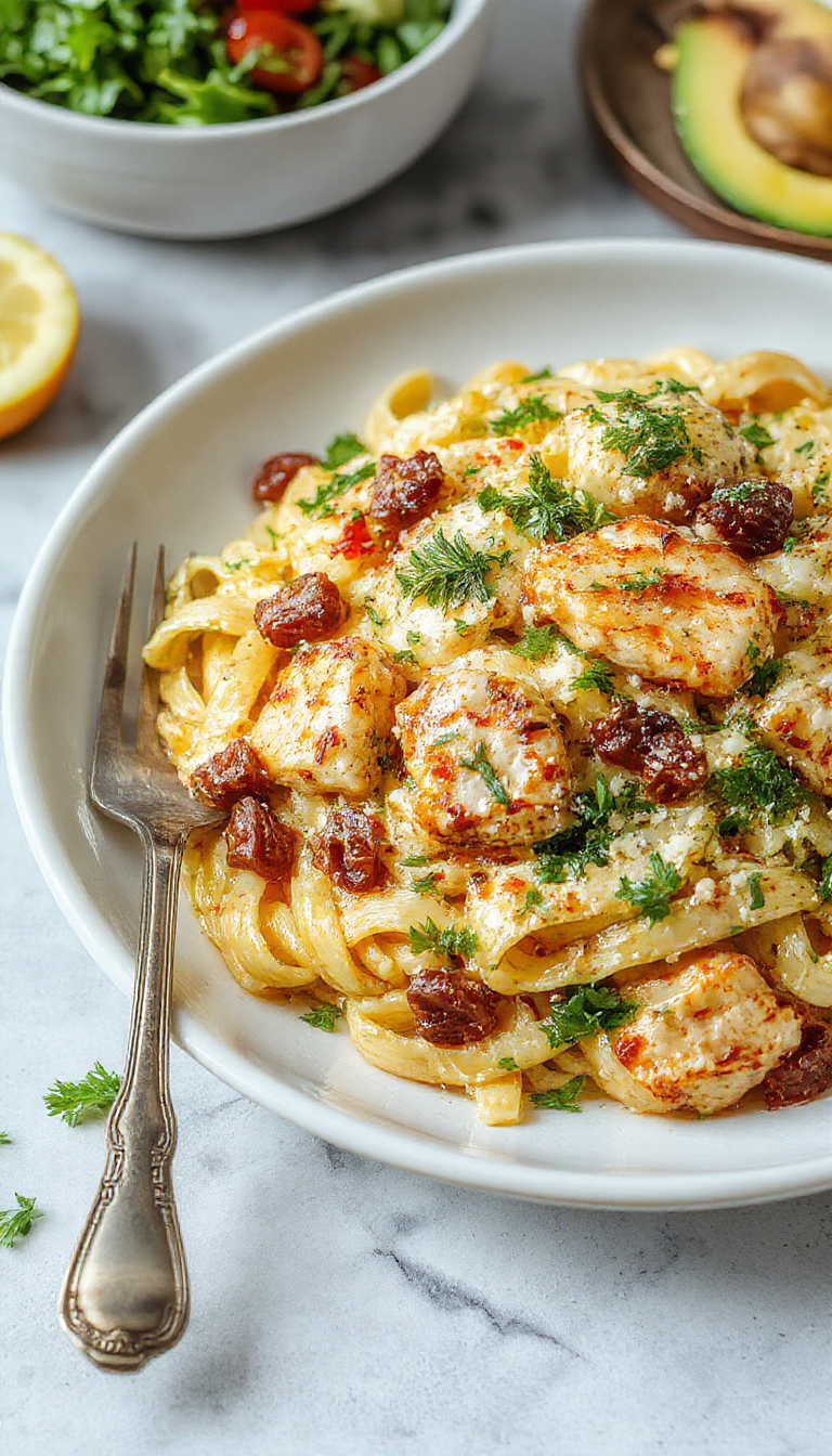 Colorful Mediterranean Chicken Pasta salad with grilled chicken, fresh vegetables, and herbs tossed in a zesty dressing