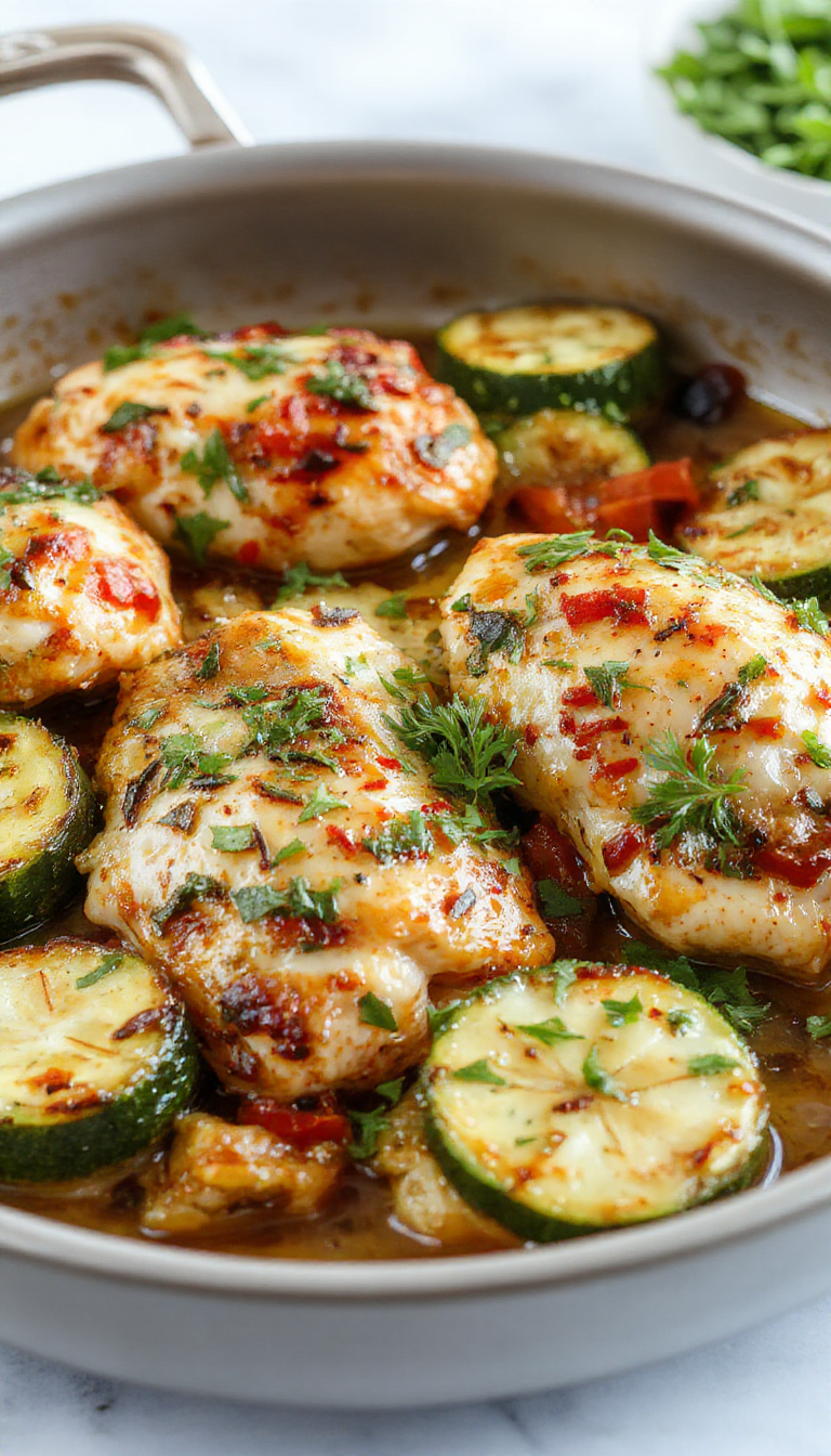 A colorful plate featuring Mediterranean one-pan chicken and zucchini, garnished with herbs and lemon slices, ready for serving.