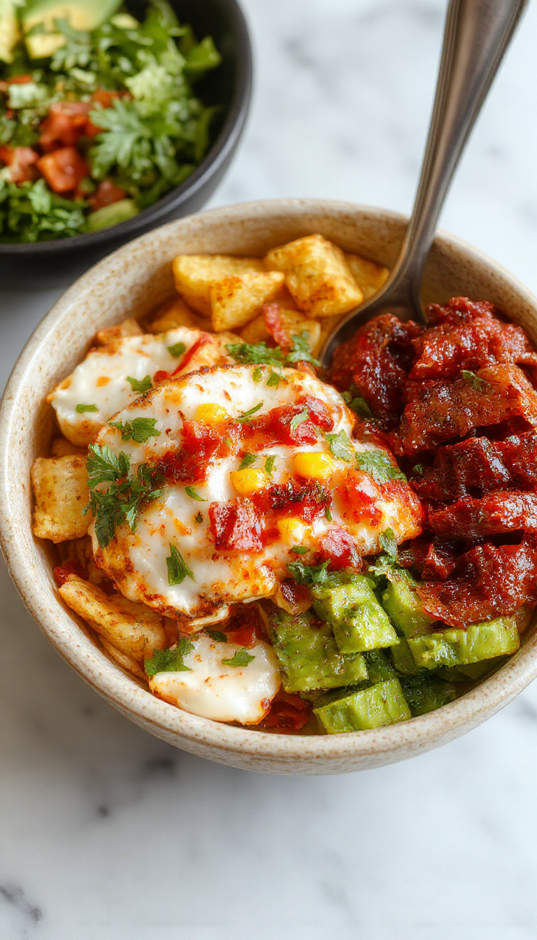 Colorful chicken bowl with grilled chicken strips topped with creamy corn and cotija cheese, garnished with cilantro and lime wedges, served on a vibrant ceramic plate.
