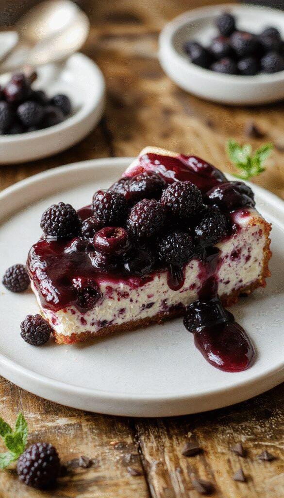 A hauntingly beautiful Midnight Blueberry Cheesecake on a dark plate, topped with fresh blueberries and a glossy blueberry glaze, with a deep blue velvet backdrop.