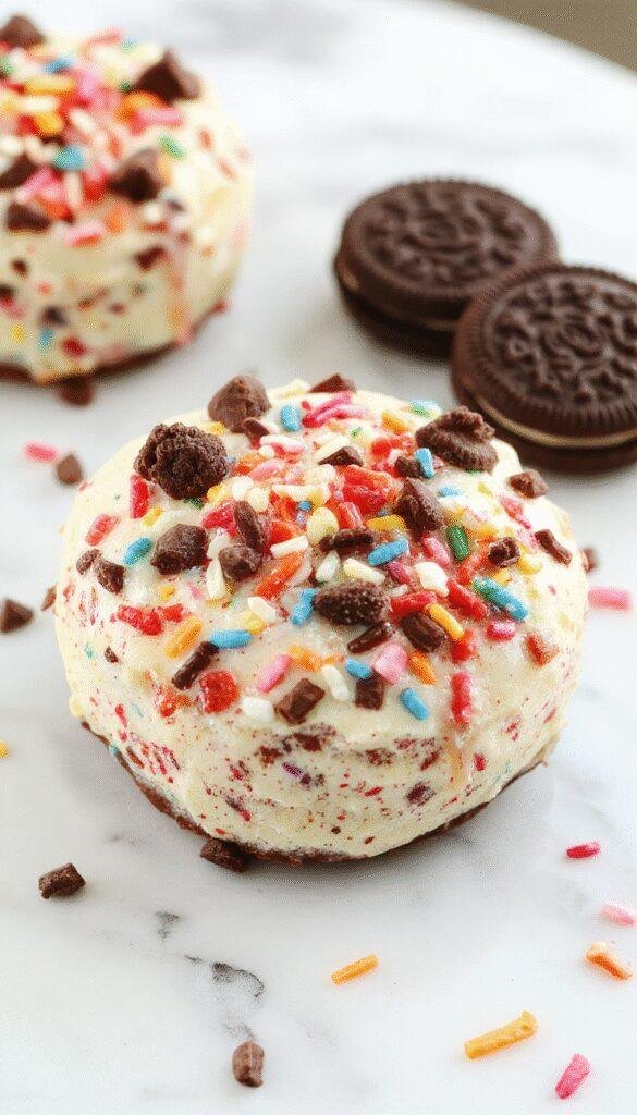 A vibrant layered no-bake Funfetti Oreo Icebox Cake sits on a rustic wooden table. The cake features a colorful sprinkle-topped layer, with crushed Oreos visible through a creamy, smooth exterior. The top is decorated with additional sprinkles, and a slice is served on a plate showing moist, fluffy layers contrasted with crunchy Oreo bits. The presentation is playful and inviting, perfect for a festive celebration.