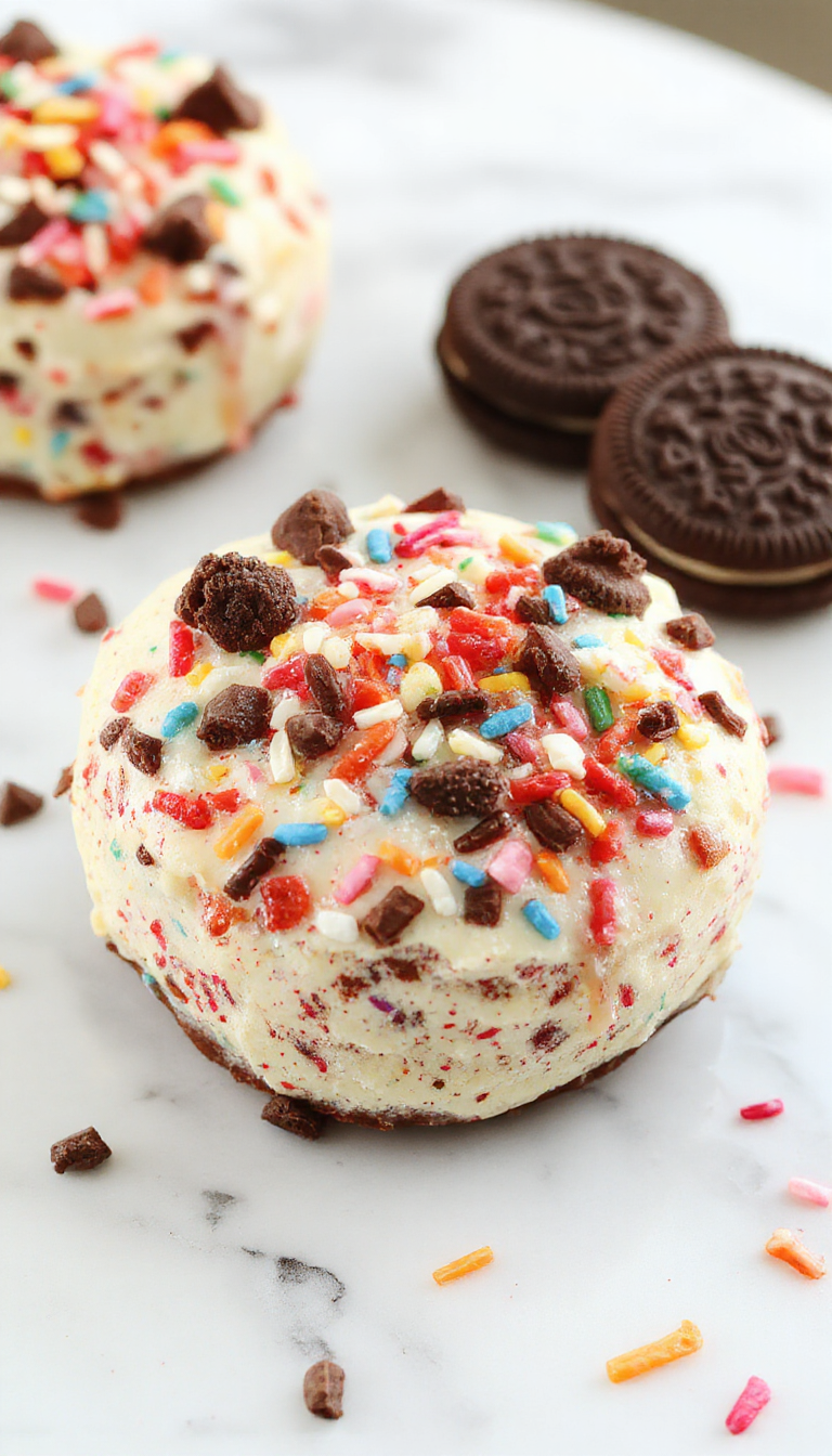 A vibrant layered no-bake Funfetti Oreo Icebox Cake sits on a rustic wooden table. The cake features a colorful sprinkle-topped layer, with crushed Oreos visible through a creamy, smooth exterior. The top is decorated with additional sprinkles, and a slice is served on a plate showing moist, fluffy layers contrasted with crunchy Oreo bits. The presentation is playful and inviting, perfect for a festive celebration.