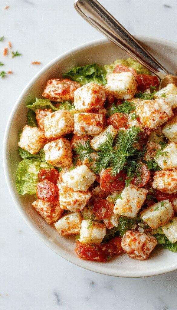 A vibrant oceanic crab salad served in a white bowl garnished with fresh herbs and lemon wedges, showcasing tender crab meat and colorful vegetables.