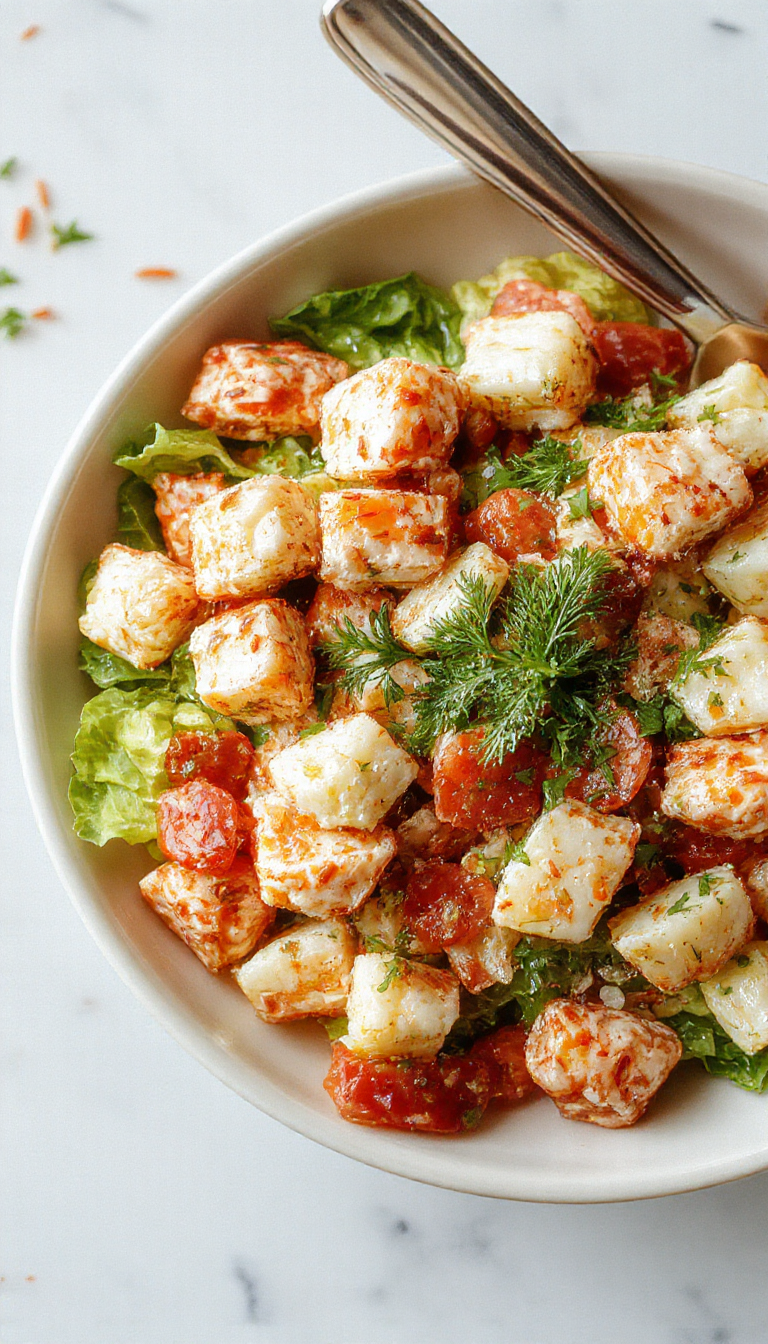 A vibrant oceanic crab salad served in a white bowl garnished with fresh herbs and lemon wedges, showcasing tender crab meat and colorful vegetables.